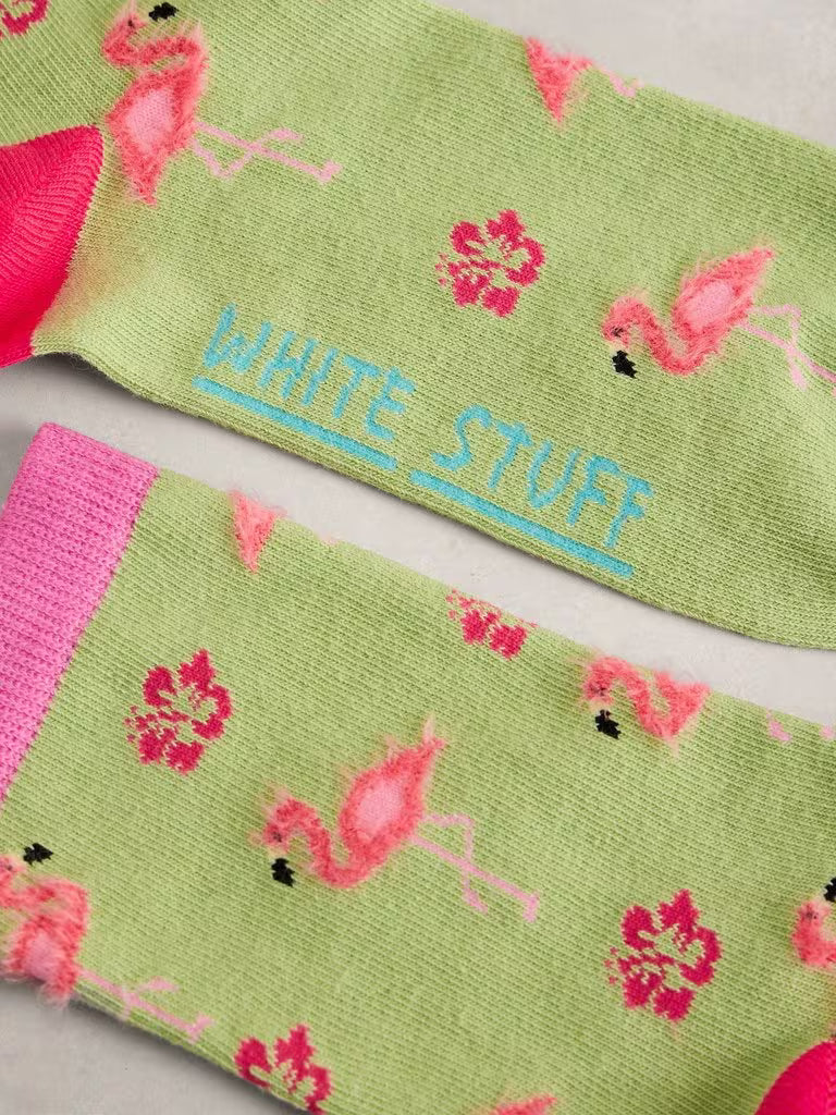 White Stuff Fluffy Flamingo Ankle Socks in Green Multi