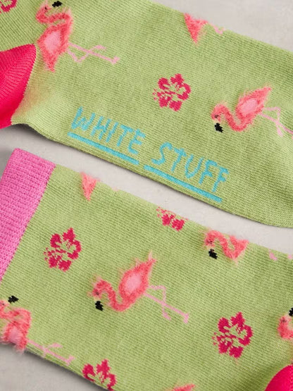 White Stuff Fluffy Flamingo Ankle Socks in Green Multi