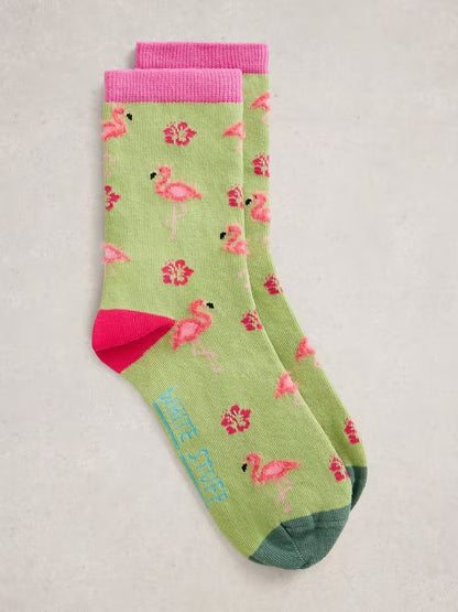 White Stuff Fluffy Flamingo Ankle Socks in Green Multi