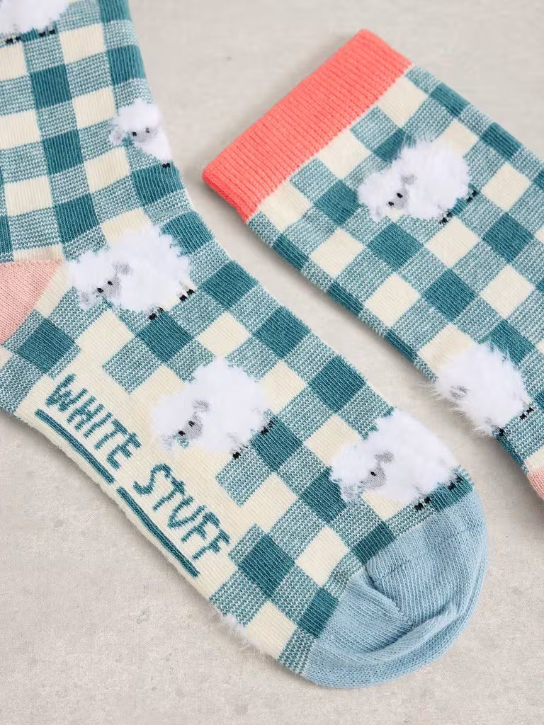 White Stuff Patterned Fluffy Ankle Socks in Blue Multi