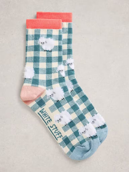 White Stuff Patterned Fluffy Ankle Socks in Blue Multi