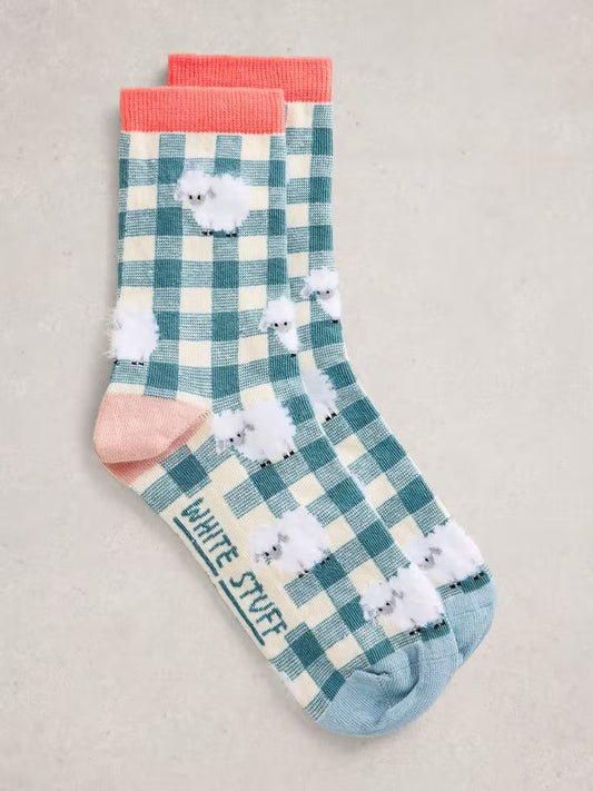 White Stuff Patterned Fluffy Ankle Socks in Blue Multi