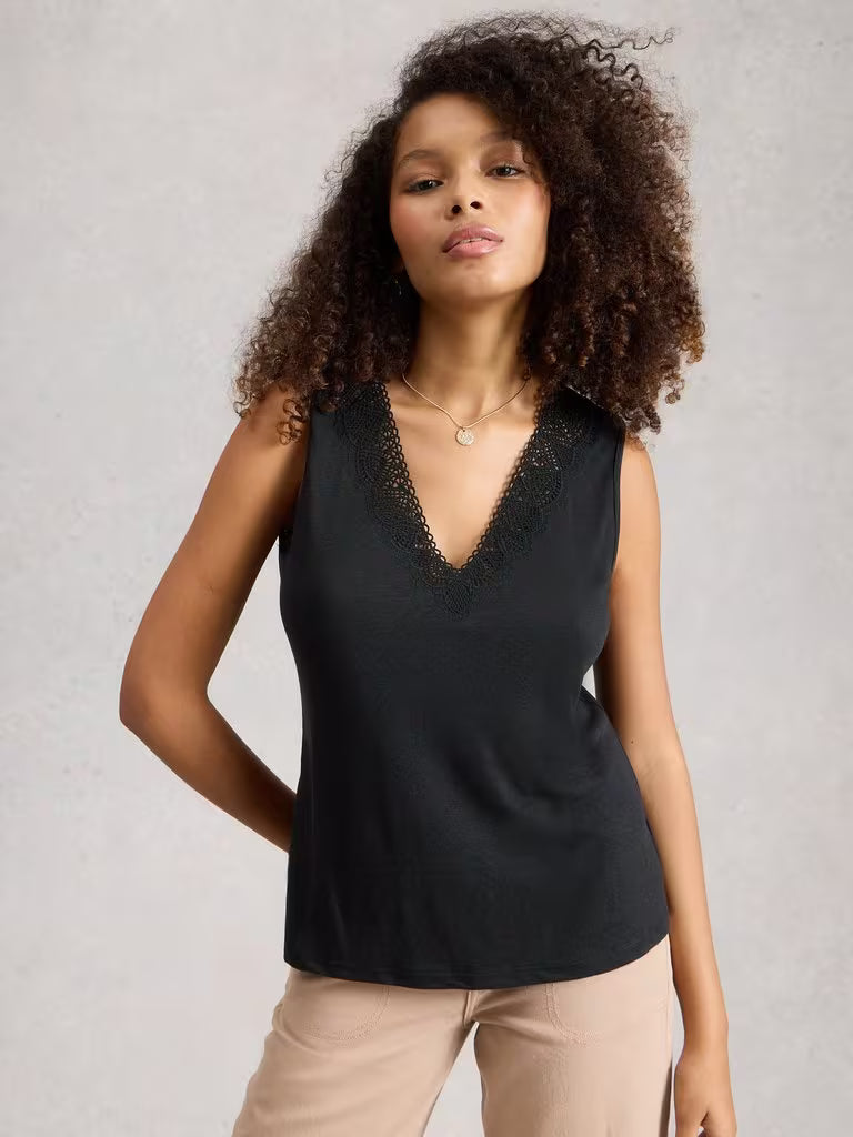 White Stuff Ellie V Neck Lace Vest in Pure Black