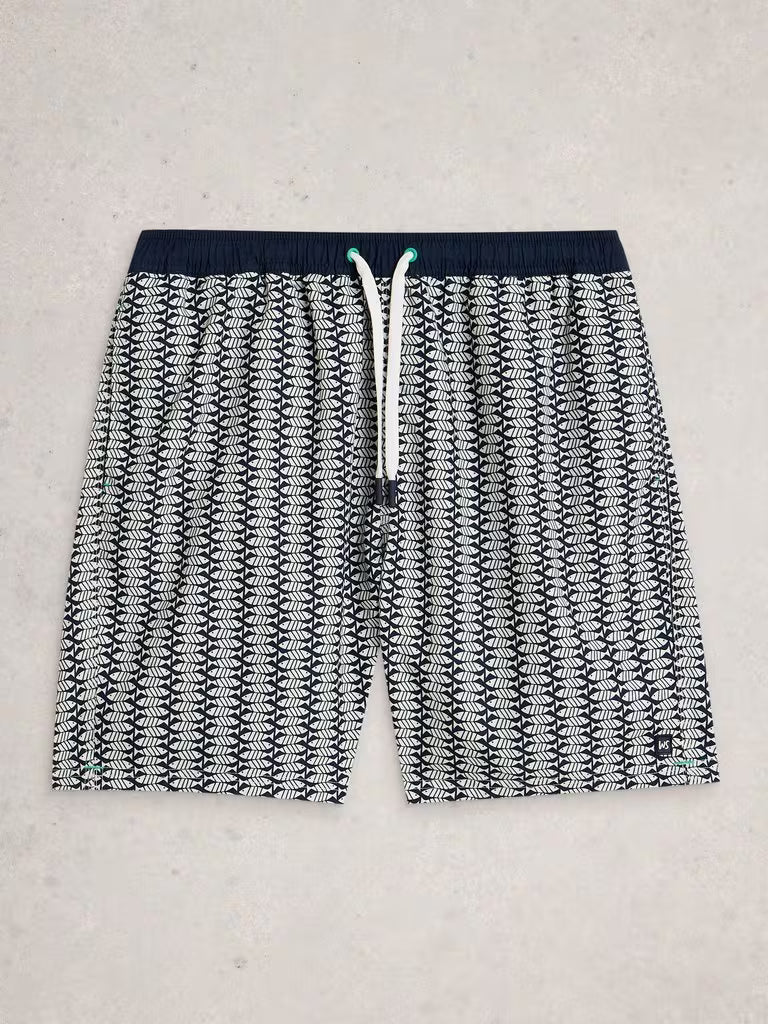 White Stuff Ventnor Geo Fish Swim Shorts in Navy Print
