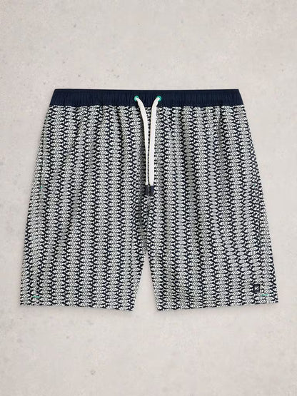 White Stuff Ventnor Geo Fish Swim Shorts in Navy Print