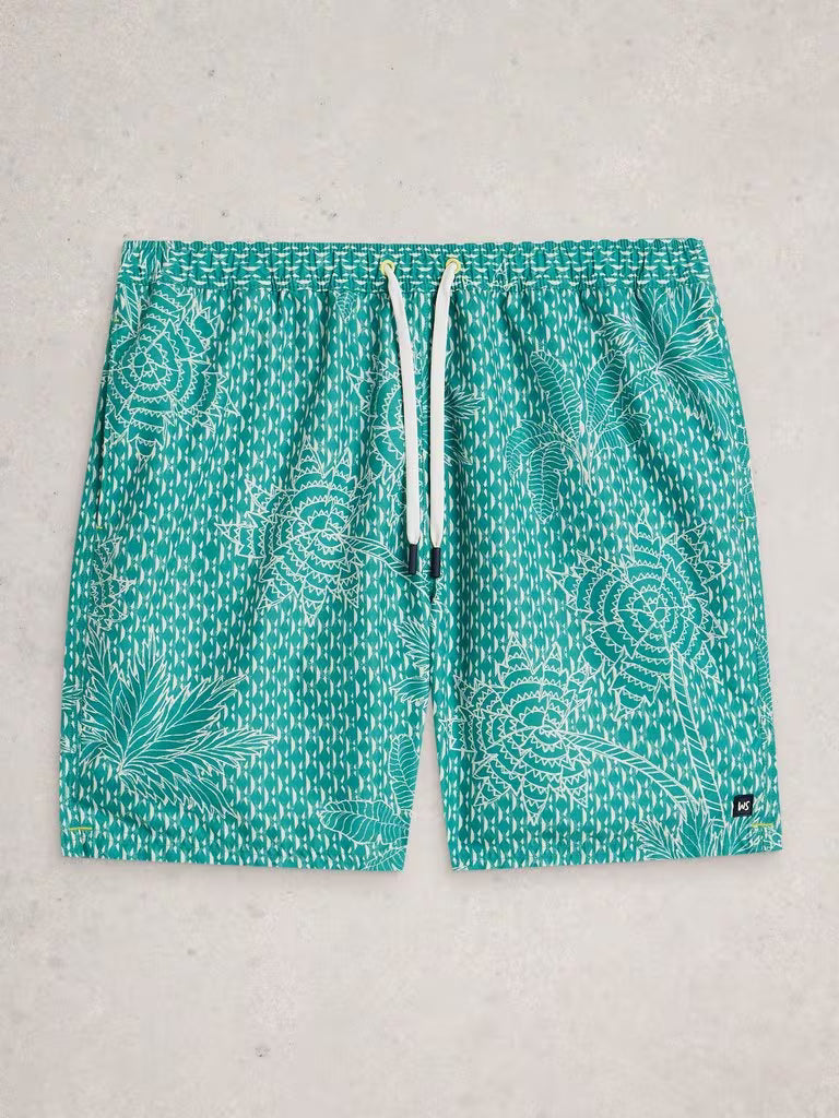White Stuff Ventnor Palm Geo Swim Shorts in Green Print