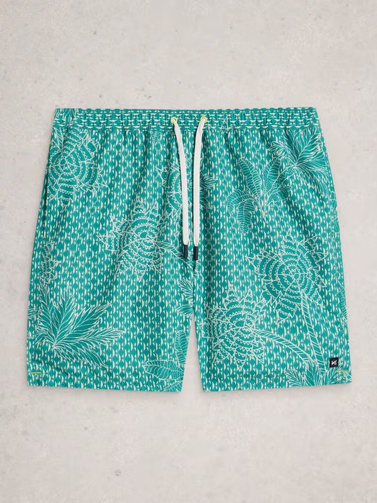 White Stuff Ventnor Palm Geo Swim Shorts in Green Print