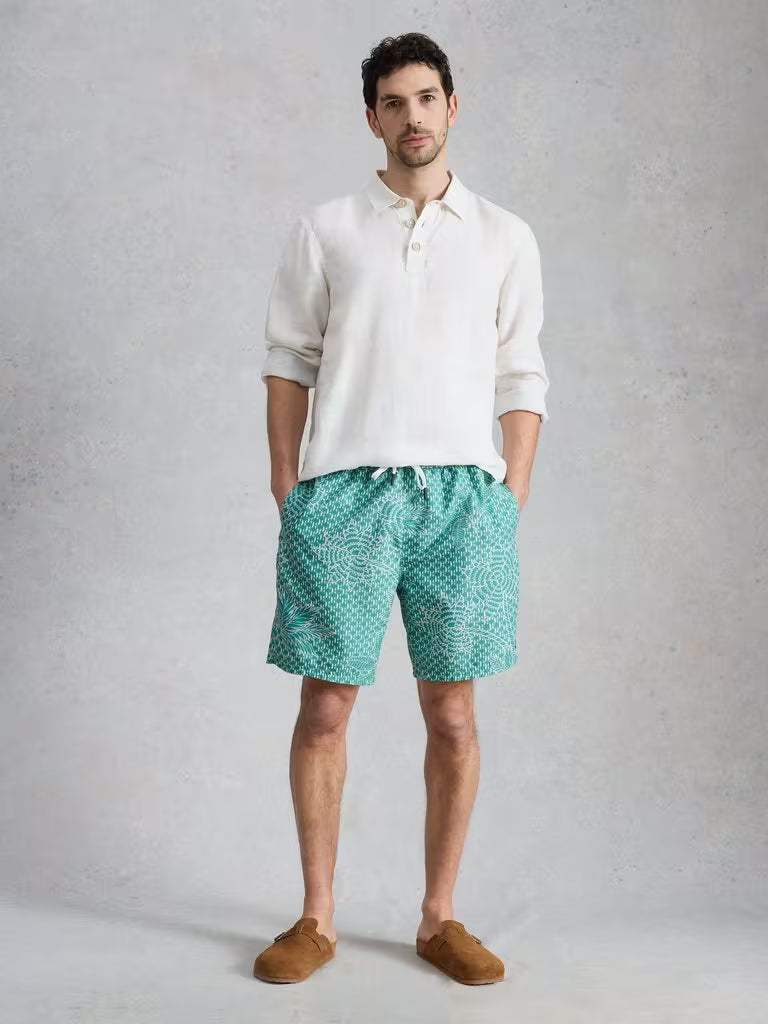White Stuff Ventnor Palm Geo Swim Shorts in Green Print