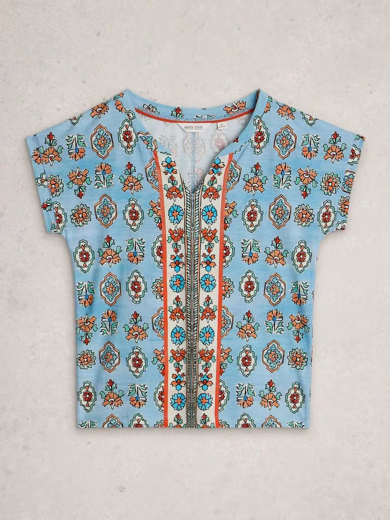 White Stuff Nelly Print Notch Neck Tee in Blue Print