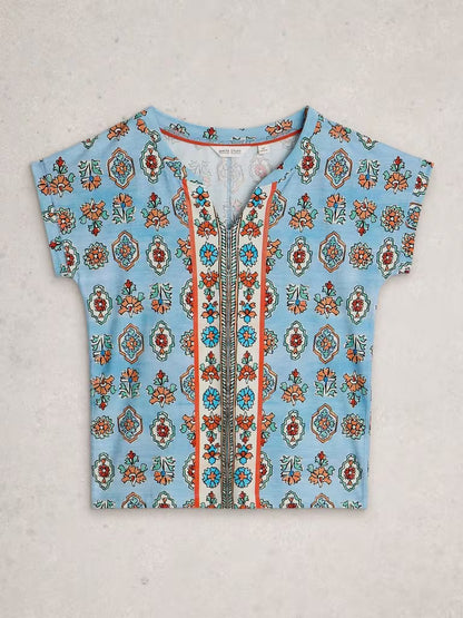 White Stuff Nelly Print Notch Neck Tee in Blue Print