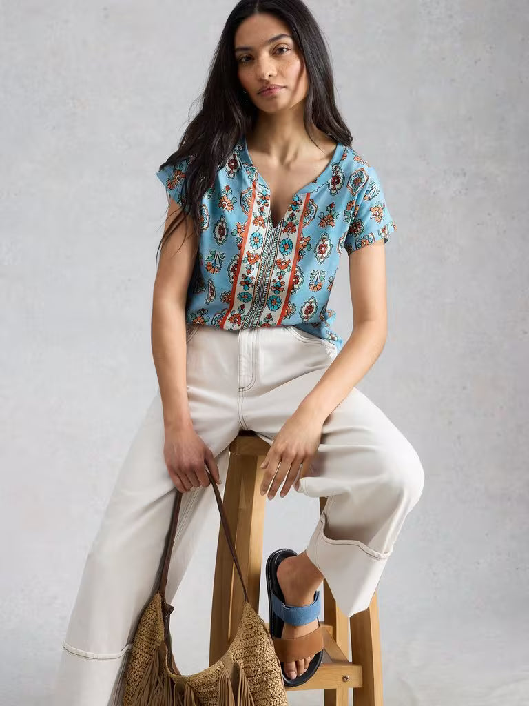 White Stuff Nelly Print Notch Neck Tee in Blue Print