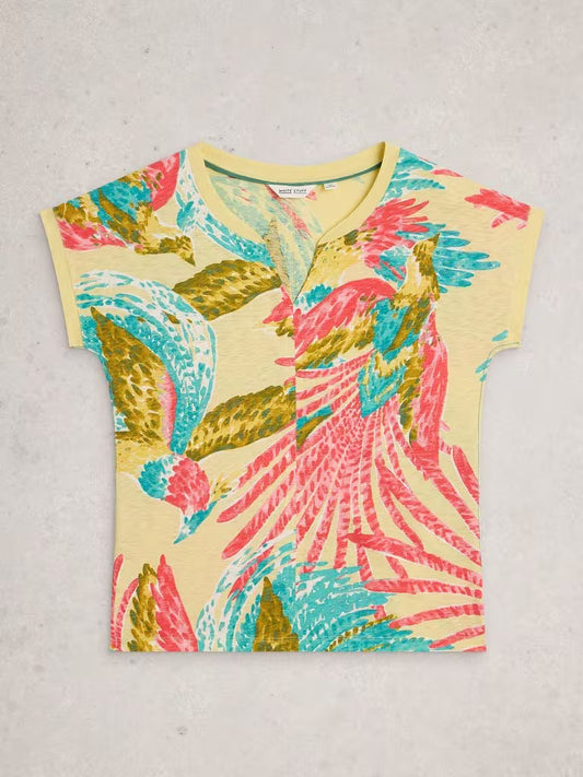 White Stuff Nelly Print Notch Neck Tee in Green Multi