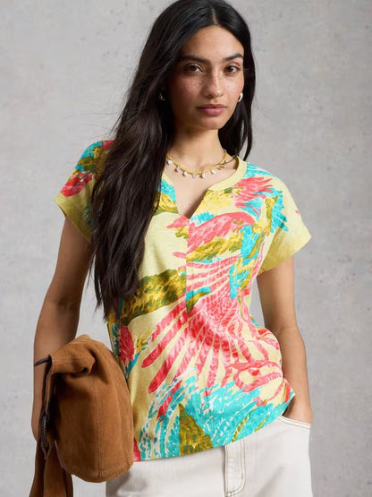 White Stuff Nelly Print Notch Neck Tee in Green Multi