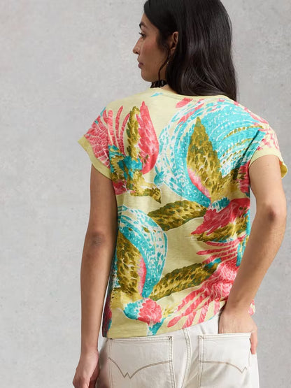 White Stuff Nelly Print Notch Neck Tee in Green Multi