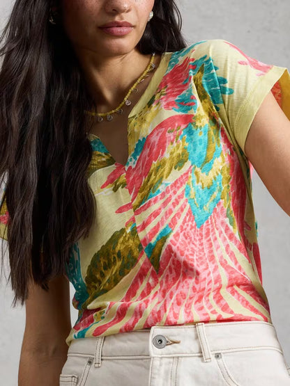 White Stuff Nelly Print Notch Neck Tee in Green Multi