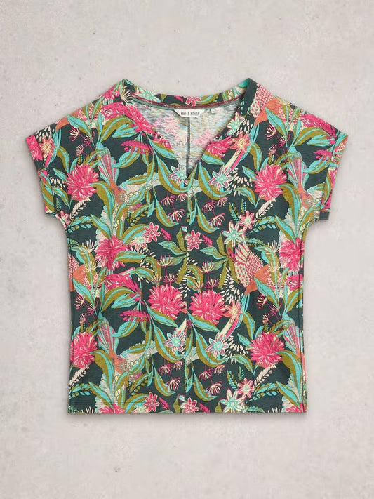 White Stuff Nelly Print Notch Neck Tee in Green Print