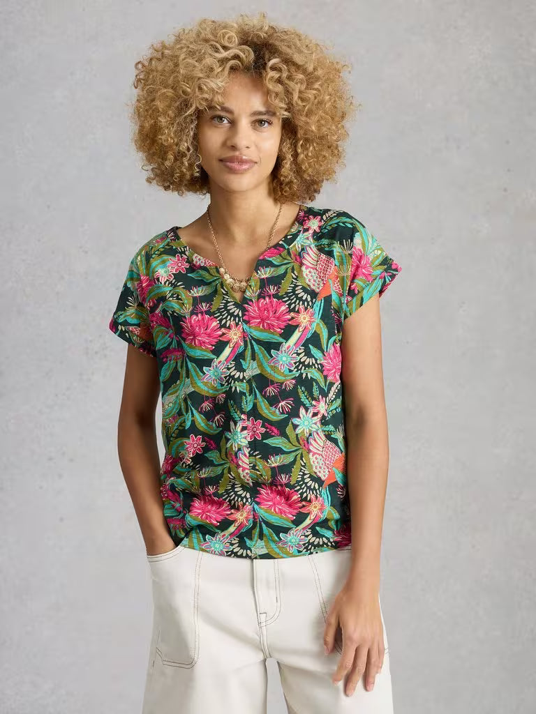 White Stuff Nelly Print Notch Neck Tee in Green Print