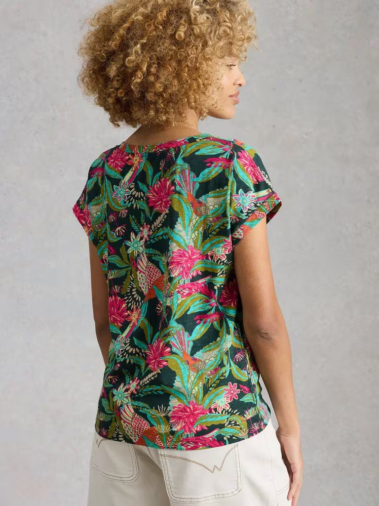 White Stuff Nelly Print Notch Neck Tee in Green Print