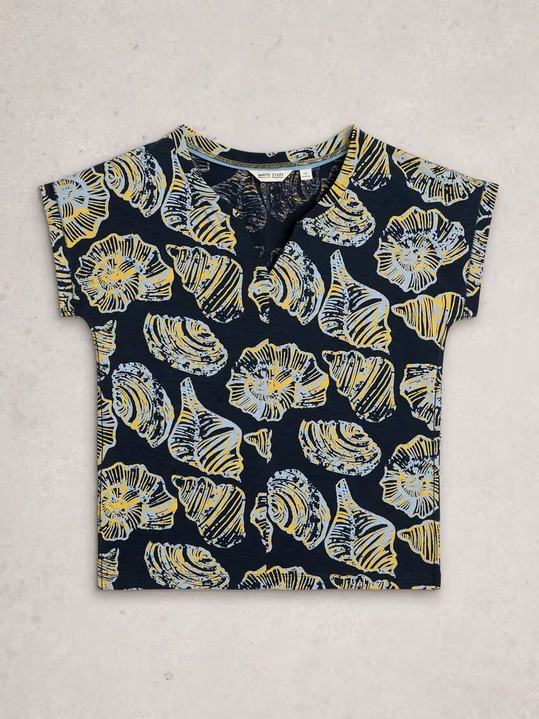 White Stuff Nelly Print Notch Neck Tee in Navy Print