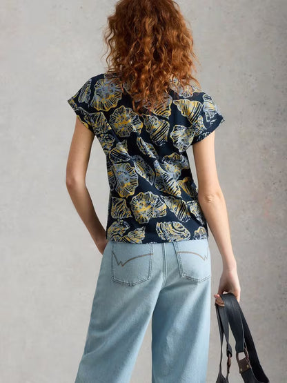 White Stuff Nelly Print Notch Neck Tee in Navy Print