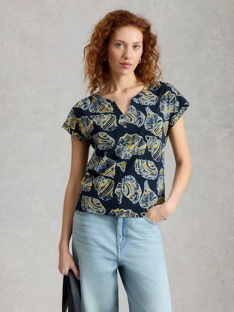 White Stuff Nelly Print Notch Neck Tee in Navy Print