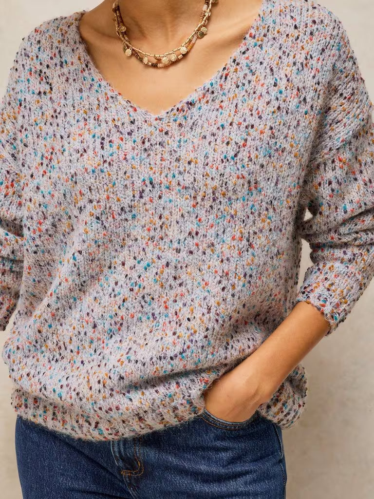 White Stuff Texture V Neck Jumper in Light Natural
