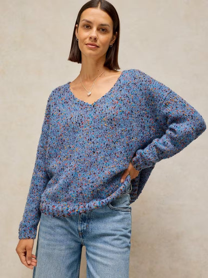 White Stuff Texture V Neck Jumper in Mid Blue