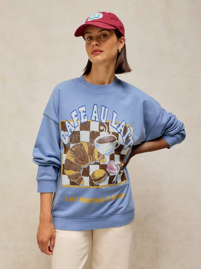 White Stuff Cleo Longline Graphic Sweat in Blue Print