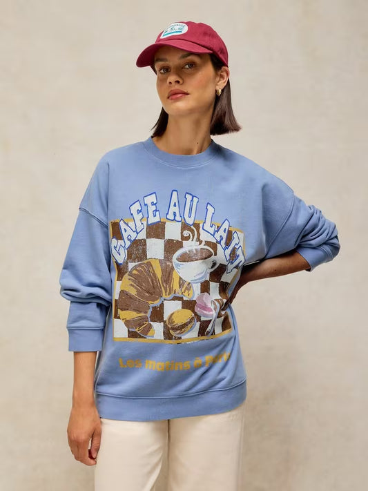 White Stuff Cleo Longline Graphic Sweat in Blue Print