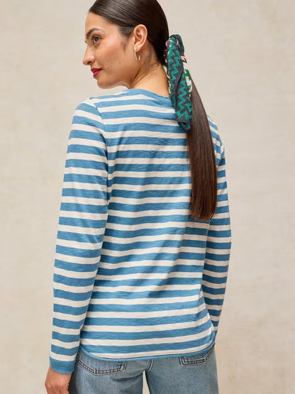 White Stuff Clara Stripe Embroidered Tee in Ivory Multi
