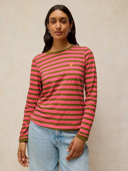 White Stuff Clara Stripe Embroidered Tee in Pink Multi