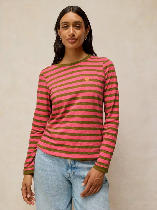 White Stuff Clara Stripe Embroidered Tee in Pink Multi
