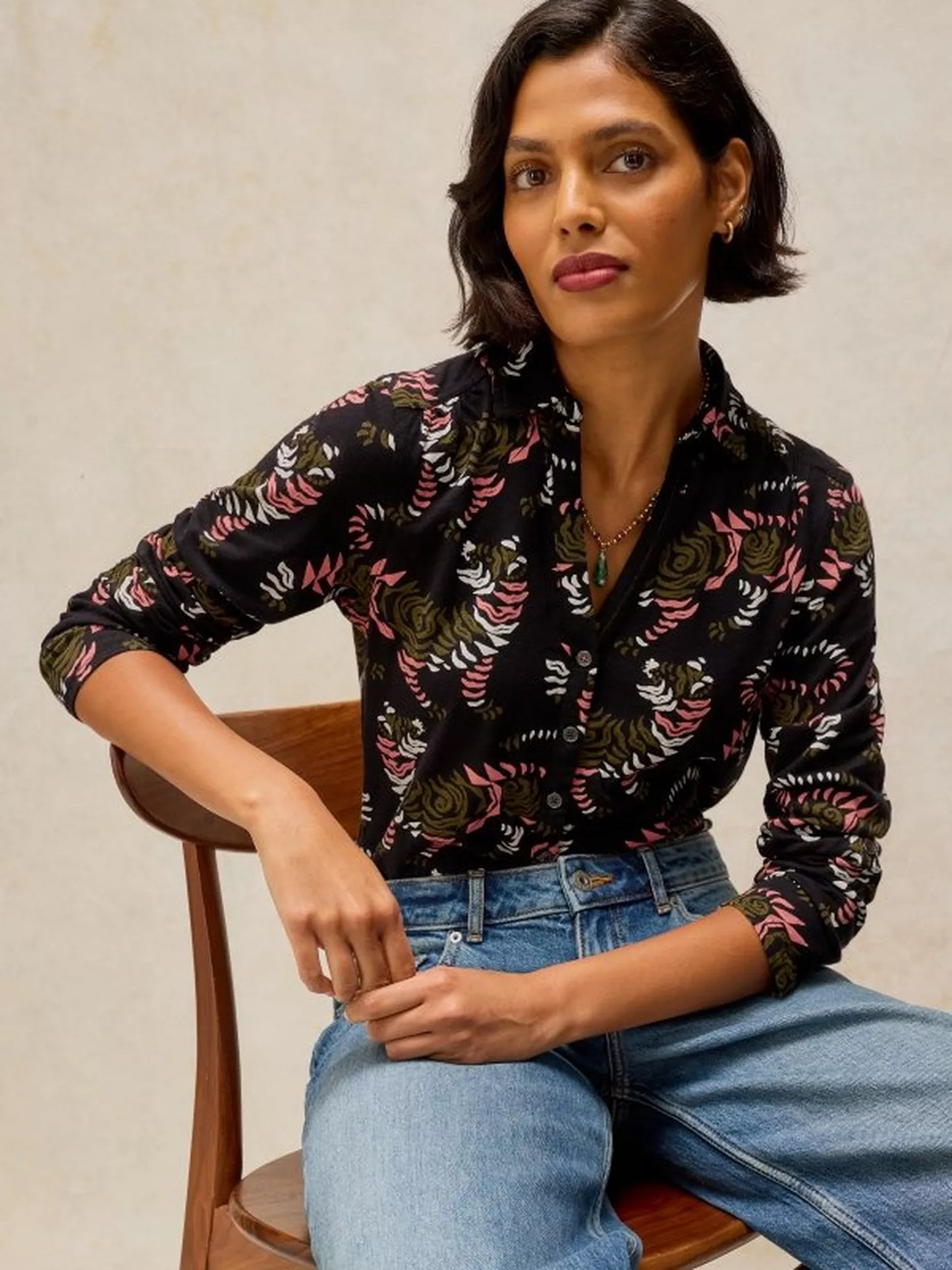White Stuff Annie Jersey Shirt in Black Print