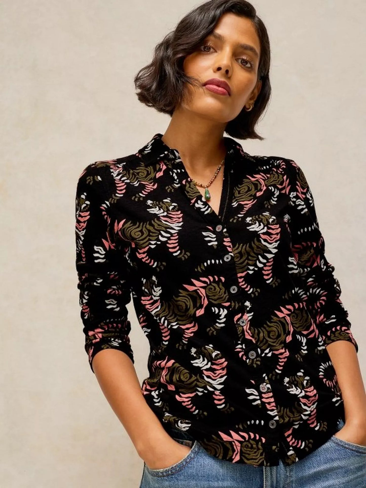 White Stuff Annie Jersey Shirt in Black Print