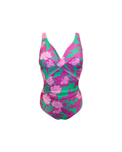 Pour Moi Free Spirit Twist Front Swimsuit in Green Pink Flower