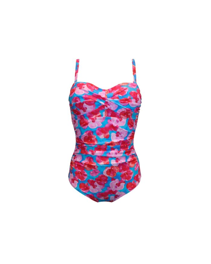 Pour Moi Santa Monica Strapless Tummy Control Swimsuit in Blue/Pink