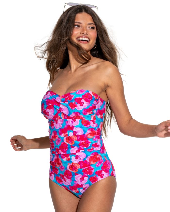 Pour Moi Santa Monica Strapless Tummy Control Swimsuit in Blue/Pink