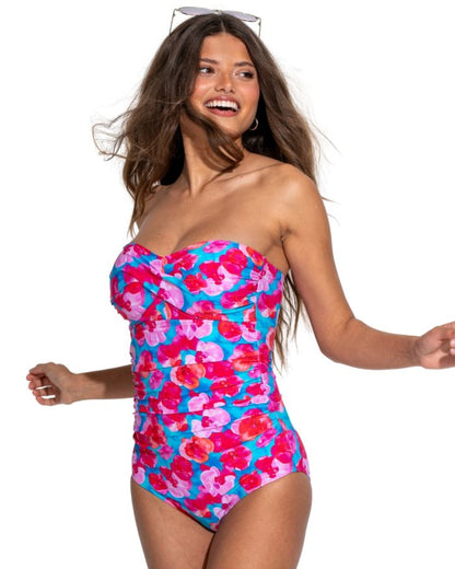 Pour Moi Santa Monica Strapless Tummy Control Swimsuit in Blue/Pink