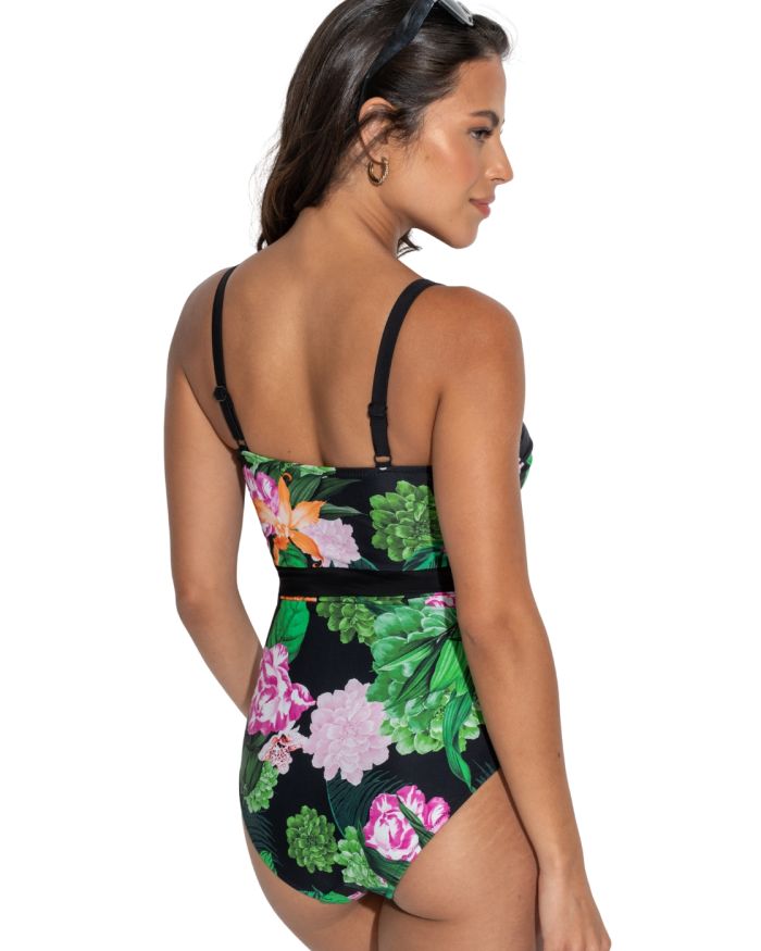 Pour Moi Palermo Panelled Tummy Control swimsuit in Black/Green/Pink