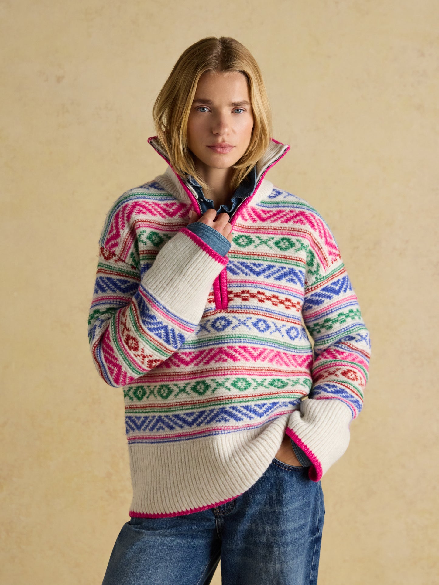 Joules Allaway Multi Fair Isle Quarter Zip Knitted Jumper