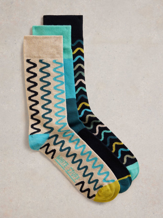 White Stuff 3pk Squiggle Socks in Grey Multi
