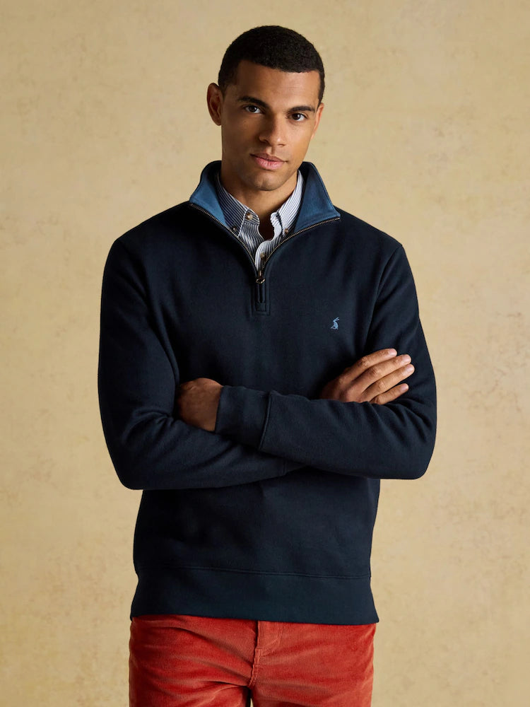 Joules Alistair Navy French Ribbed Knit Quarter Zip Sweatshirt