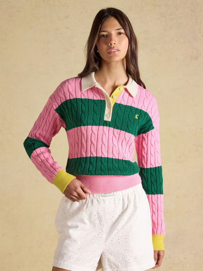 Joules Pink and Green Stripe Cable Knit Jumper