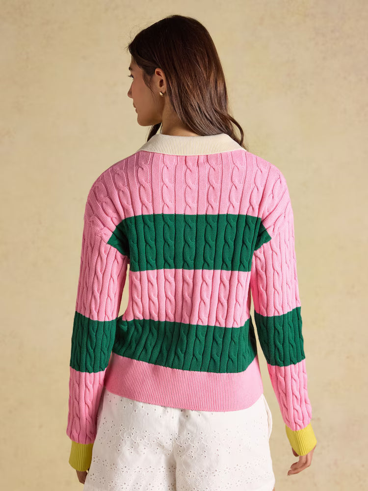 Joules Pink and Green Stripe Cable Knit Jumper