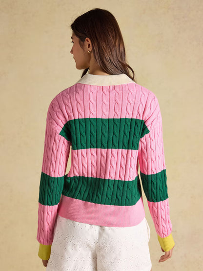 Joules Pink and Green Stripe Cable Knit Jumper