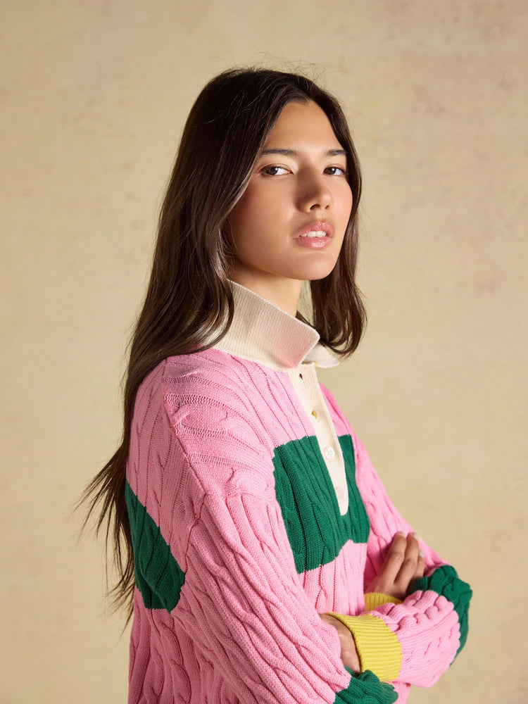Joules Pink and Green Stripe Cable Knit Jumper