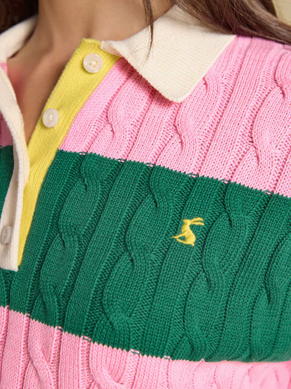 Joules Pink and Green Stripe Cable Knit Jumper