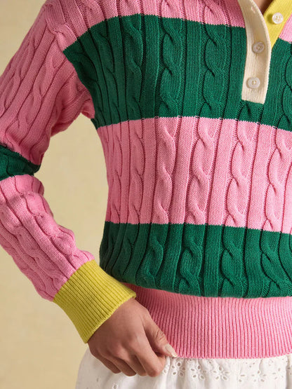 Joules Pink and Green Stripe Cable Knit Jumper