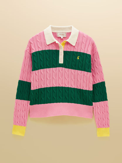 Joules Pink and Green Stripe Cable Knit Jumper