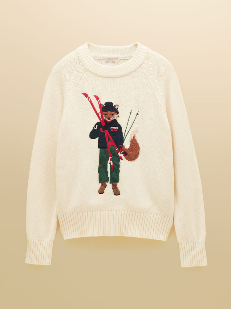Joules Jonty Fox Skiing Cream Cotton Knitted Jumper